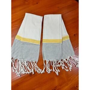 Set of 2 Cotton Kitchen Towels - White with Gray Stripes and Yellow Accent